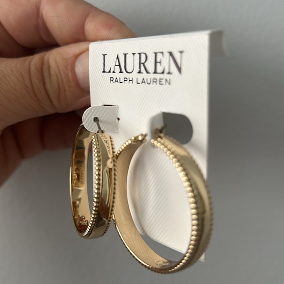 Lauren Ralph Lauren Gold-Tone Medium Textured Edge Hoop Earrings, 1.3" - Picture 7 of 11